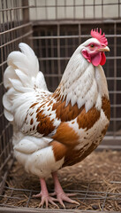 Fototapeta premium Rooster or hen in 9:16 Portrait format Vertical Farm animal Bird with red crest staring