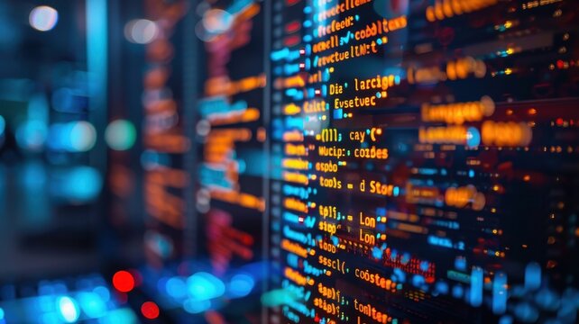 Close-up of computer screen with colorful coding lines and blurred background, representing software development and programming.