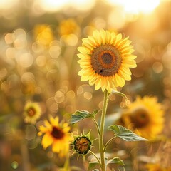 Obraz premium Beautiful sunflower in a sunlit field with a glowing background. Vibrant yellow petals and green leaves create a stunning natural scene.
