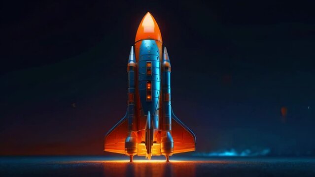 A blue and orange rocket is shown vertically on a launch pad with smoke coming from its engines, against a dark blue background.