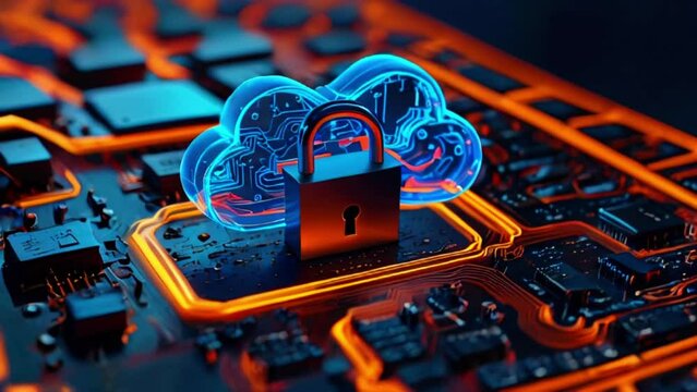 This is an video of a blue cloud with an orange lock on it. The cloud is on top of a black circuit board with orange highlights.