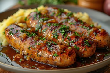 A plate of bangers and mash, featuring juicy sausages on a bed of creamy mashed potatoes, topped with onion gravy.