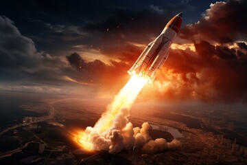 Obraz premium Mesmerizing rocket launch at sunset over the urban cityscape with fiery propulsion and smoke against the dramatic clouds in the dusk sky