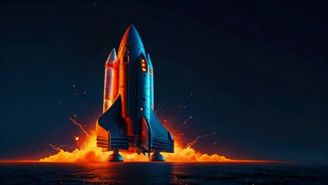 A blue and orange rocket is launching from a launch pad with a lot of flames coming out of the bottom. The background is dark blue with a starry sky.
