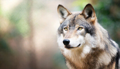 Staring into the yellow ember eyes of a male wolf animal portrait and wild life conservatory