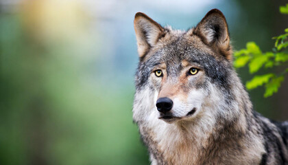 Staring into the yellow ember eyes of a male wolf animal portrait and wild life conservatory