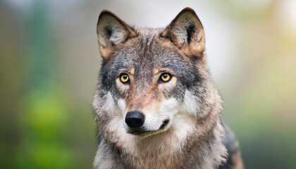 Staring into the yellow ember eyes of a male wolf animal portrait and wild life conservatory