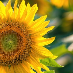 Naklejka premium Close-up of a vibrant yellow sunflower in full bloom with a green background, capturing the beauty of nature and summer.