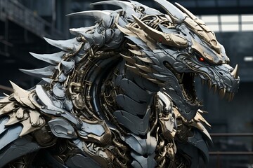 Intricate close-up of a dragon sculpture with metallic scales and a fearsome gaze