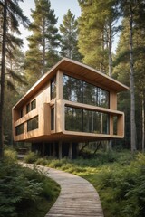A modern wooden cabin nestled in a sun-dappled forest