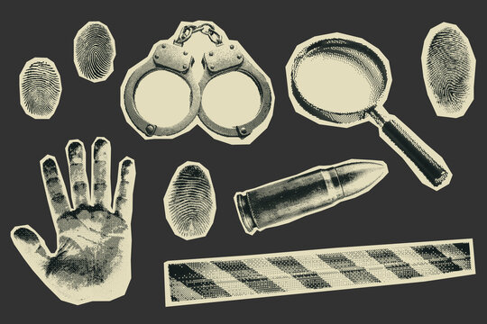 Vintage halftone of crime scene elements. Fingerprints, handcuffs, magnifying glass, bullet, handprint, and police tape. Modern Y2K mixed media. Ideal for detective, mystery, law enforcement themes.
