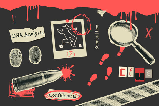 Vintage crime scene elements with a retro halftone style. Fingerprints, a magnifying glass, a bullet, footprints, notes. Modern Y2K mixed media. Perfect for mystery, detective, crime-themed projects.