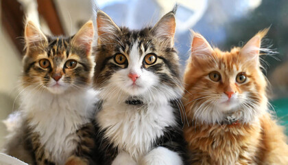 Funny many cats of various breeds and colors, looking expectantly at the camera.