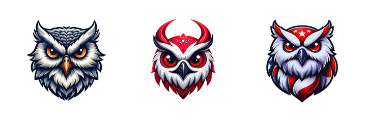 Obraz premium Set of illustration of owl head mascot, isolated over on transparent white background