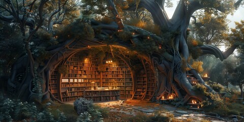 Fototapeta premium Enchanted Book Tree in Dappled Forest Light, generative ai