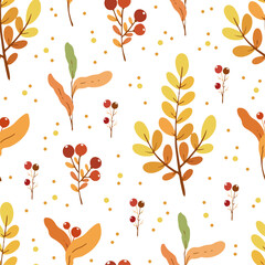 Seamless pattern with autumn leaves and red berries on white background, design for fabric, wallpapers	
