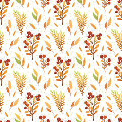 Seamless pattern with autumn leaves and red berries on white background, design for fabric, wallpapers	
