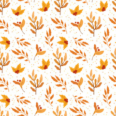 Seamless pattern with autumn leaves and red berries on white background, design for fabric, wallpapers	