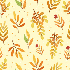 Seamless pattern with autumn leaves and red berries on white background, design for fabric, wallpapers	