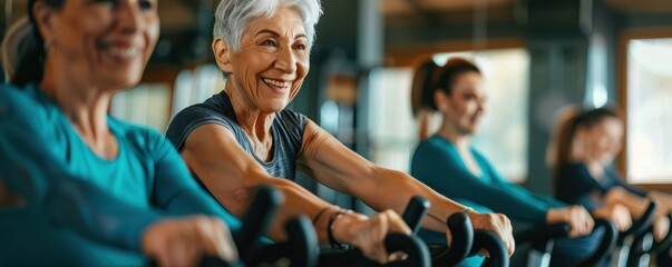 Fototapeta premium A older woman in tank top is smiling as she rides a stationary bike.