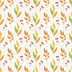 Seamless pattern with autumn leaves and red berries on white background, design for fabric, wallpapers	