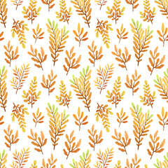 Seamless pattern with autumn leaves and red berries on white background, design for fabric, wallpapers	