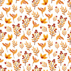 Seamless pattern with autumn leaves and red berries on white background, design for fabric, wallpapers	