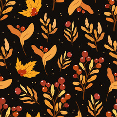 Seamless pattern with autumn leaves and red berries on the dark brown background, design for fabric, wallpapers	