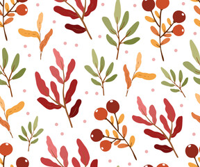 Seamless pattern with autumn leaves and red berries on white background, design for fabric, wallpapers	
