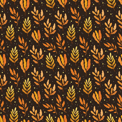 Seamless pattern with autumn leaves and red berries on the dark brown background, design for fabric, wallpapers	