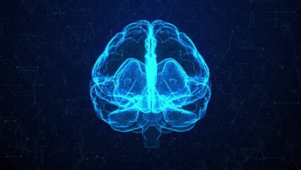 Digital hologram brain rotating on black background - Powered by Adobe