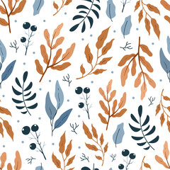 Seamless pattern with autumn leaves and red berries on white background, design for fabric, wallpapers	