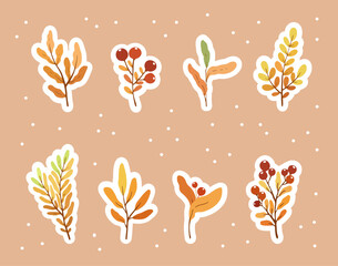 Vector autumn clipart design with colourful elements isolated on white background, fall stickers