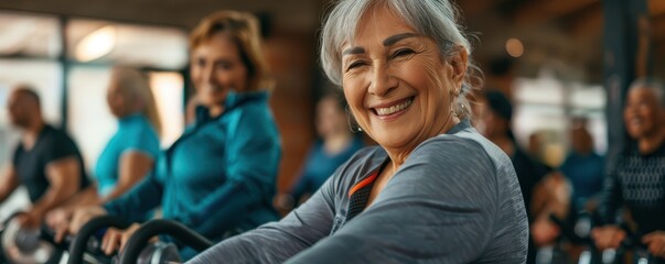 A older woman in tank top is smiling as she rides a stationary bike.
