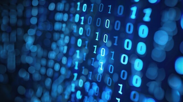 Blue binary code background displaying data streams.