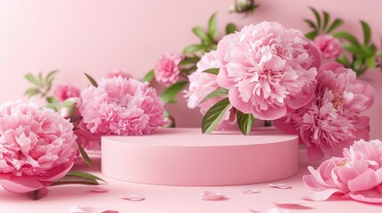 Creative composition background for product advertising. Empty pastel pink podium platform stand for beauty product presentation and beautiful peonies flowers around.