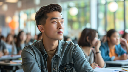 Thoughtful Young Man in Lecture Hall Listening Intently During Class