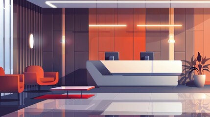 Modern, empty office reception interior with contemporary design and waiting area.  Concept of corporate, business, and workplace design.