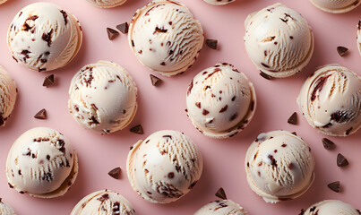 Trendy pattern of ice cream scoops with choco chips on pink background. Top view banner with vanilla gelato pattern. Summer cooling dessert.  Icecream balls retro flat lay. Design for poster, print.