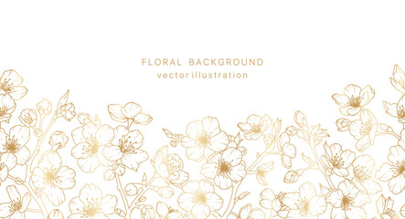 Gold sakura flower hand drawn background. Floral cherry blossom japanese plant leaf golden frame design. Spring vintage bouquet luxury pattern. Vector illustration nature summer card