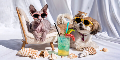 Pets on Vacation Enjoying Summer in Style - Sphynx cat and Shih Tzu dog wearing sunglasses in summer themed studio with cocktail party.