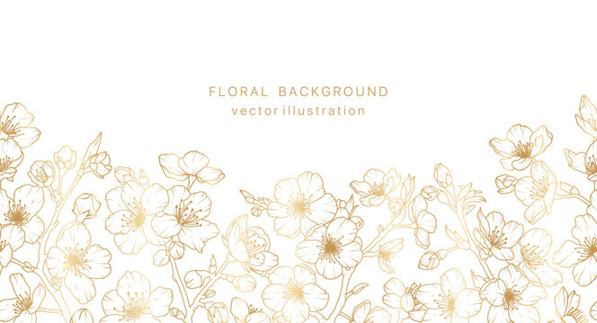 Gold sakura flower hand drawn background. Floral cherry blossom japanese plant leaf golden frame design. Spring vintage bouquet luxury pattern. Vector illustration nature summer card