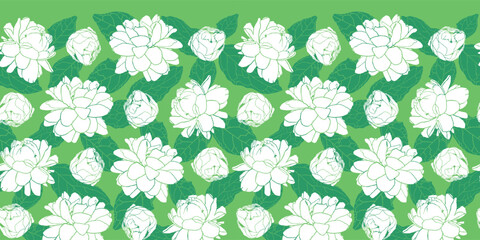 Vector white and green rows of Jasminum sambac or Arabian Jasmine flower monochrome horizontal border pattern. Suitable invitation cards and posters.