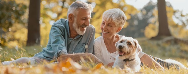 A senior couple are sitting on the ground with a dog.