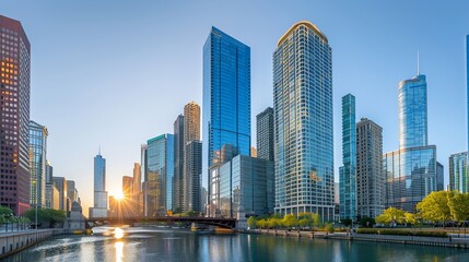 Stunning cityscape of downtown with modern skyscrapers along the river at sunrise