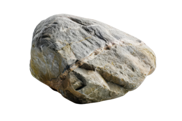 A detailed close-up of a large, rugged rock with visible textures and natural colors against a white background.