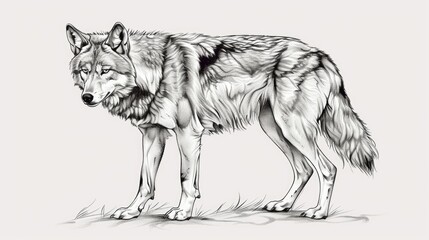 Fototapeta premium Detailed black and white illustration of a wolf. Intricate line art showcases the wild beauty and majestic presence of the animal.