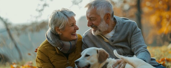 A senior couple are sitting on the ground with a dog.