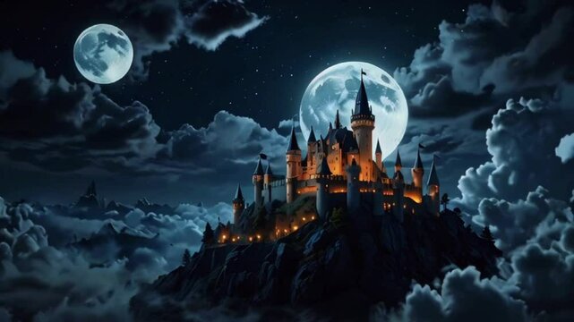 A majestic castle floats on a cloud, illuminated by the full moon. The clouds part to reveal the castle's towers and turrets, with dragons or griffins soaring around it, 4K wallpaper animation video