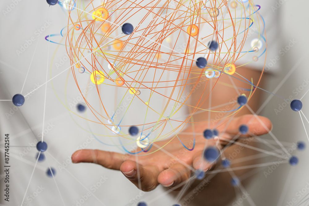 Poster abstract lines with dots over dark background.